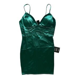 NWT Lulus Alluring Energy Emerald Green Satin Bodycon Mini Dress Medium